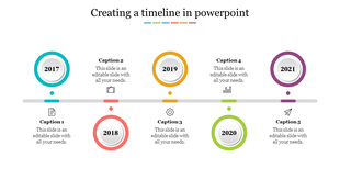 Business timeline with five color circles marking years 2017 to 2021, aligned on a horizontal line with captions and icons.
