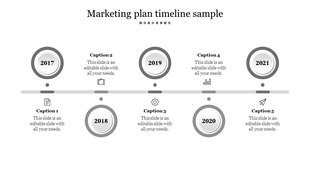 Timeline showing five circular gray milestones from 2017 to 2021, connected by a line, each with icon and  captions.