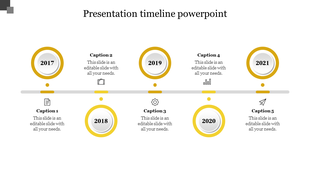 Horizontal timeline from 2017 to 2021 with circular yellow markers, a gray line, icons, and alternating caption areas.