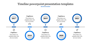 Blue and gray timeline with five year markers in circular icons, featuring text sections, aligned horizontally.