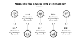 Monochrome horizontal timeline from 2017 to 2021 with icons, year labels, and a central gray line connecting milestones.