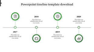Green accented timeline from 2017 to 2020 with circular icons, a horizontal line, and alternating milestone markers.