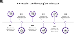 Timeline slide with six purple circular icons for years 2017 to 2022, each featuring a relevant icon and text placeholder.