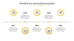 Elegant timeline PPT template with yellow highlighted circles from 2017 to 2021 and text placeholders on a white backdrop.