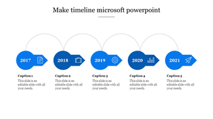Blue timeline design featuring five years in circular arrows, each with a distinct icon, on a white background.