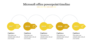 Microsoft Office timeline PowerPoint template with yellow markers from 2017 to 2021 and text captions with icons.