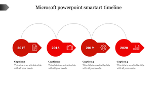 Red Microsoft PowerPoint SmartArt timeline from 2017 to 2020, featuring icons and captions on a white backdrop.