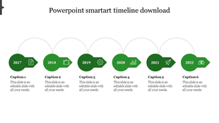 Slide with six green circles with arrow pointing right linked by dotted lines, each with icon and captions.