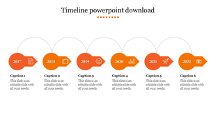 Orange themed timeline template from 2017 to 2022, featuring icons and captions on a white backdrop.