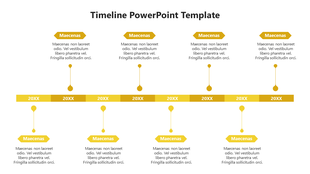 Yellow themed timeline PPT template with labeled years and descriptions in a structured format on a white backdrop.
