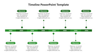 Green themed timeline PPT template with labeled years and descriptions in a structured format on a white backdrop.