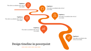 Winding timeline with six orange markers shaped like location pins, each accompanied by a caption area below.