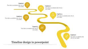 Winding yellow timeline with six tear drop points, each marked with icons and captions, creating a smooth flow.