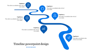 Six blue location icons placed along a winding path with caption areas beneath placed in a white background.