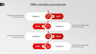 Vertical office timeline with four red icons and captions for 2017 to 2020, alternating between left and right sides.