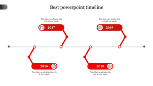 Timeline layout with four red circular markers, and year labels in rectangular sections from 2016 to 2019.