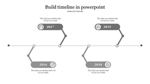 Gray timeline with four circular nodes paired with rectangular boxes, showing year markers 2016 to 2019, with icons.