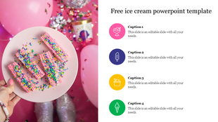 Plate with sprinkled desserts on a festive pink background alongside a text column with four circular icons.