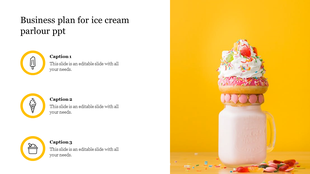 Business plan slide with an ice cream parlor showcasing three sections with icons alongside a colorful ice cream drink image.