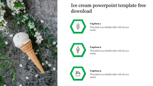 An ice cream cone on a gray background with leaves and white flowers, alongside three green hexagon icons on the right.