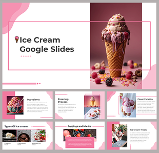 Ice cream slide deck, including a main image of a cone and sections on ingredients, types of ice cream, and flavor varieties.