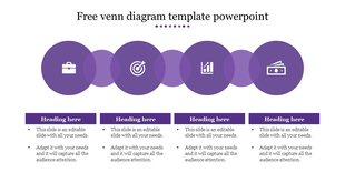 Purple Venn diagram PowerPoint template with overlapping circles representing business, strategy, growth, and finance.