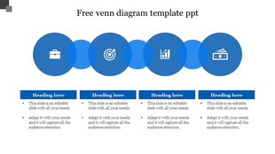 Four overlapping blue circles with icons above text boxes for headings, forming a venn diagram layout.