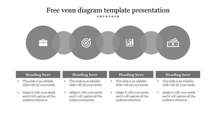 Four circle Venn diagram in grayscale with business icons and matching editable text boxes beneath each circle.
