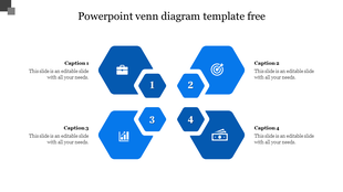 Blue hexagonal Venn diagram PowerPoint template with numbered steps and icons for business, target, growth, and finance.