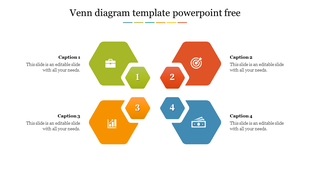 Hexagonal Venn diagram with four large and four small hexagons in green, orange, red, and blue, each containing an icon.