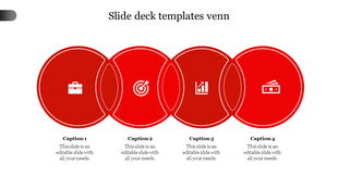 Red Venn diagram PPT slide with four overlapping circles and business related icons with captions on a white backdrop.