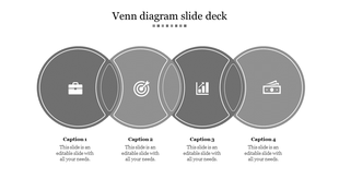 Monochrome Venn diagram showing four horizontally aligned overlapping circles with icons and matching text captions.