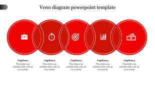 Venn diagram template with five red circular sections containing icons, each with a text placeholder.