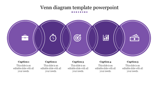 Five purple overlapping venn diagram circles with icons and text placeholders, with a central header.