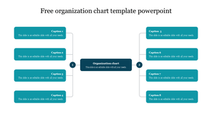 Organization chart template with dark blue central box connected to eight teal caption boxes, four on each side.