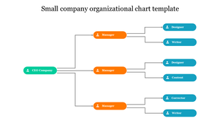 Small company organizational chart with a green CEO at the top, three managers in orange, and staff roles in blue.