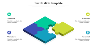 Template with four connected 3D puzzle pieces, text boxes with icons, and editable text areas for each section.