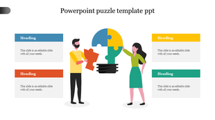 Illustration of two people assembling a puzzle piece lightbulb, with four text boxes in blue, red, yellow, and green.