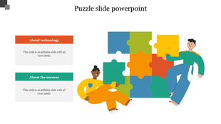 Puzzle themed slide with two illustrated characters assembling multicolored jigsaw pieces, alongside two labeled text boxes.