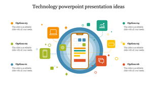 Technology slide featuring a smartphone at the center surrounded by colorful icons with different tech options.