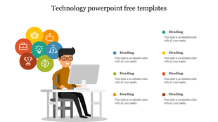 Template with laptop, phone, globe, icons, and editable text areas arranged in a circular technology concept.