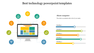 Technology slide with a computer screen connected to six icons, alongside a progress bar section with five headings.