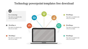 Laptop image centered with six colored icons above, connected by dotted lines, and text on either side.
