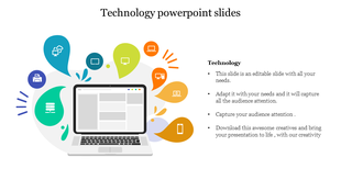PowerPoint slide for technology featuring a laptop with colorful icons symbolizing various tech tools and services with text.