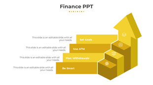 Finance template featuring a four-part upward arrow, each section offering a financial management tip.