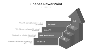 Finance infographic with four upward 3D arrow steps labeled Be Smart, Plan Withdrawals, Use ATM, and Set Goals with icons.