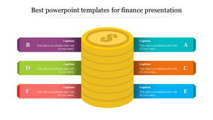 Finance infographic featuring a gold coin stack in the center, with six color coded text bars extending from both sides.