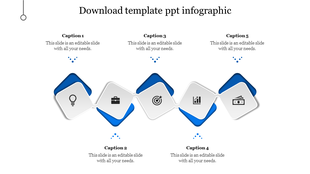 Infographic PowerPoint template featuring blue color icons with captions and placeholder text on a white backdrop.