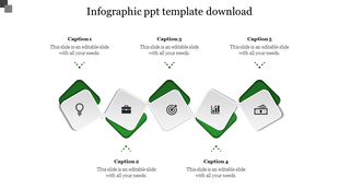 Zigzag infographic with six white diamond shaped icons on a green background, each linked to business related captions.