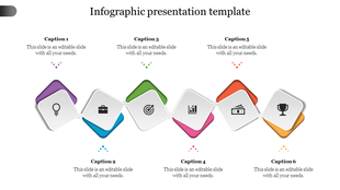 Infographic with six diamond-shaped icons connected in a zigzag pattern, each with a colored background and a black symbol
